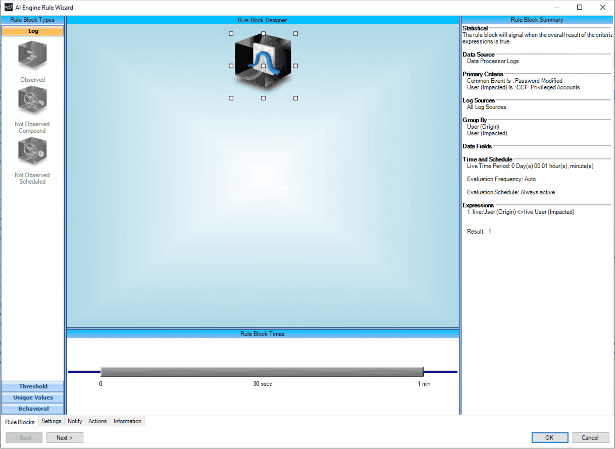  LogRhythm Client Console view of AIE Rule ‘CCF: Admin Password Modified’ within the CCF Compliance Automation Suite.